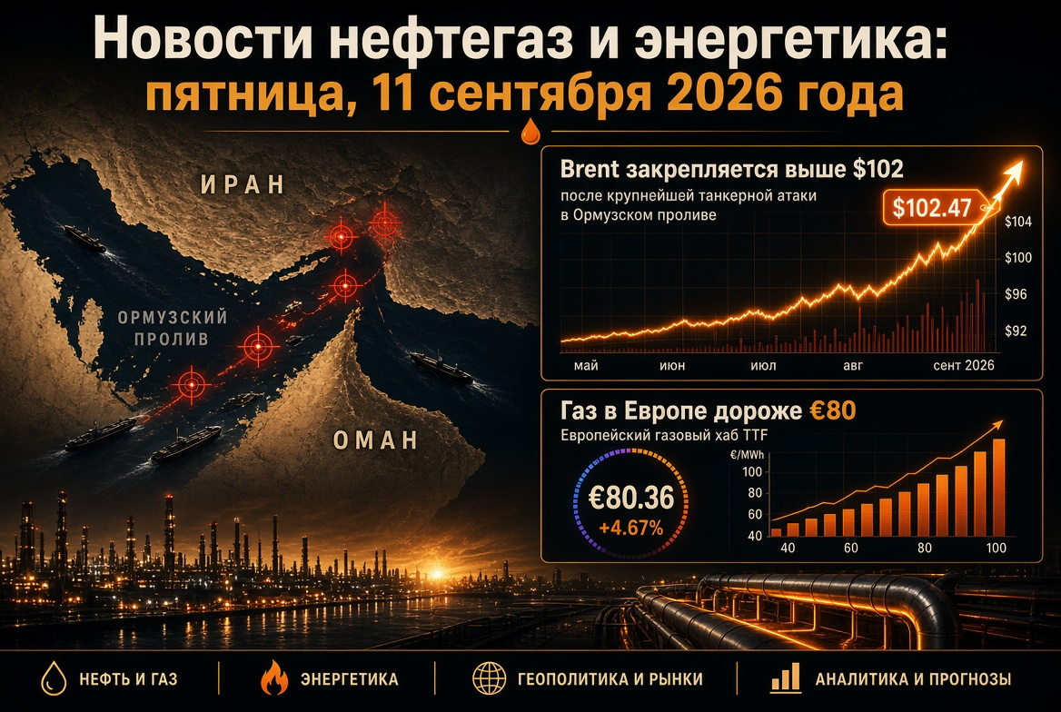 Nachrichten über Öl und Gas sowie Energie: Freitag, 11. September 2026 — Brent stabilisiert sich über 102 USD nach dem größten Tankerangriff in der Straße von Hormuz, Gas in Europa teurer als 80 EUR.