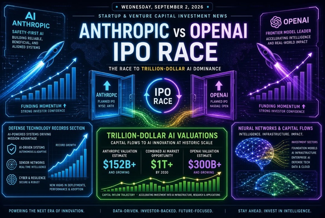 Startup-News und Venture Capital – Mittwoch, 2. September 2026: Das IPO-Rennen zwischen Anthropic und OpenAI, Billionen-Bewertungen im KI-Sektor und Rekorde bei Verteidigungstechnologien
