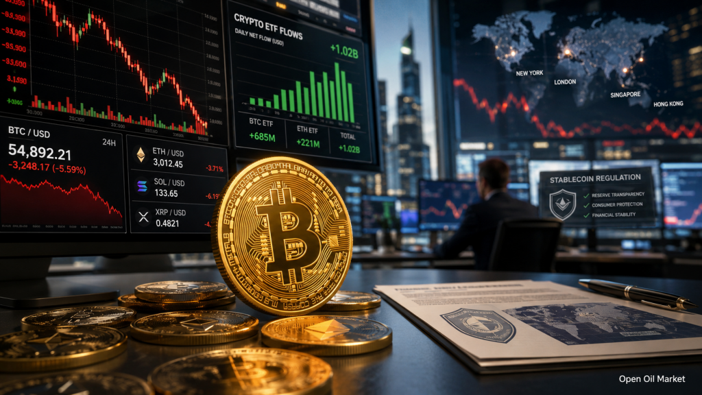 Kryptowährungsmarkt 9. Juli 2026: Bitcoin unter Druck, Zuflüsse in ETFs, Ethereum, Solana, XRP und Regulierung der Stablecoins