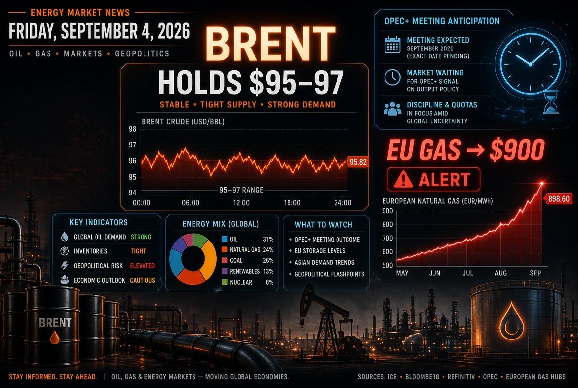 Nachrichten über Erdöl und Energie - Freitag, 4. September 2026: Brent bei $95–97 in Erwartung des OPEC+-Treffens, Gas in Europa erreicht $900