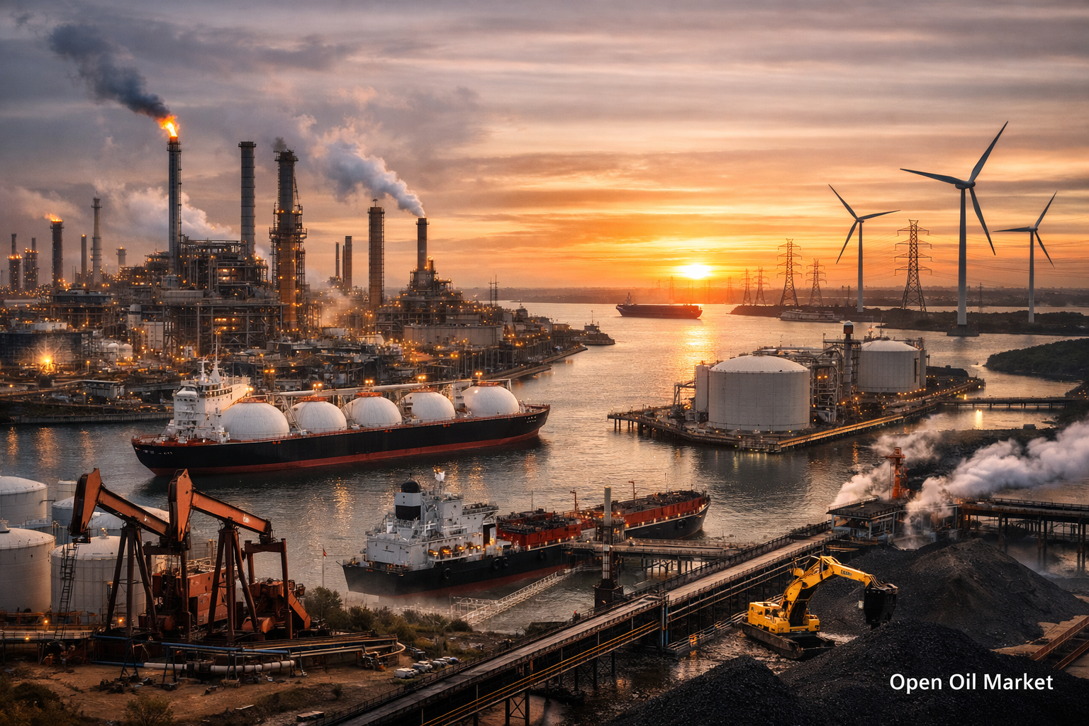 Raffinerie, LNG-Terminal, Öltanker und Kohlehafen bei Sonnenuntergang — globaler Öl- und Gasmarkt und Energie 18. Februar 2026