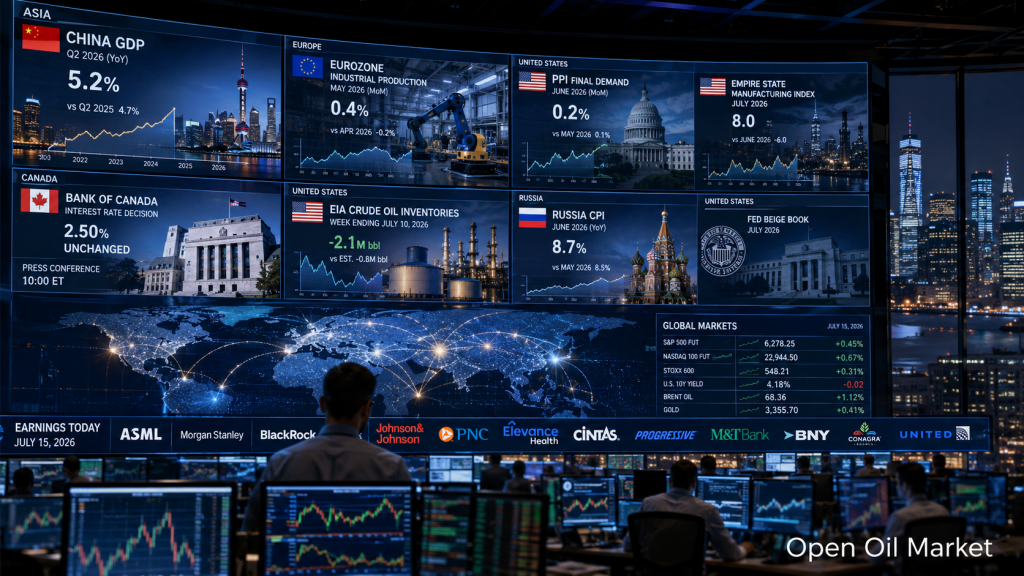 Globale Märkte am 15. Juli 2026: BIP China, PPI USA, Bank von Kanada, EIA Öllagerbestände und Berichte von ASML, Morgan Stanley und BlackRock