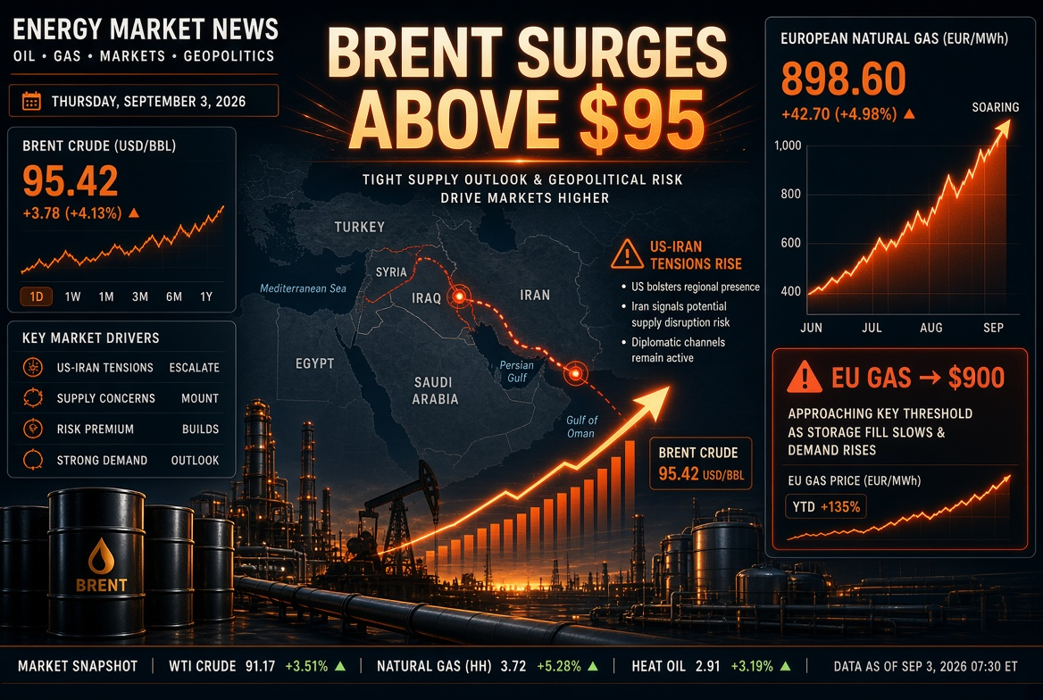 Nachrichten über Öl und Gas — Donnerstag, 3. September 2026: Eskalation zwischen den USA und dem Iran treibt Brent über 95 USD, Gas in Europa wird teuer mit 900 USD.