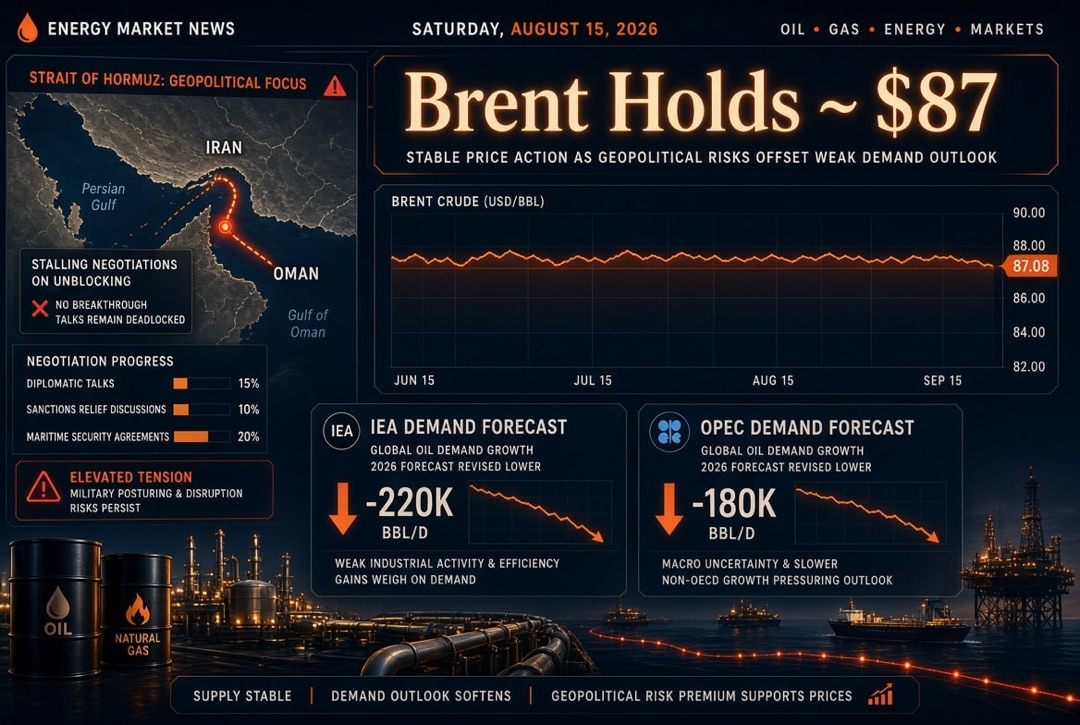 Nachrichten Öl und Gas sowie Energie – Samstag, 15. August 2026: Brent bleibt bei $87 angesichts stockender Verhandlungen zur Öffnung der Straße von Hormuz; IEA und OPEC senken die Nachfrageprognosen.