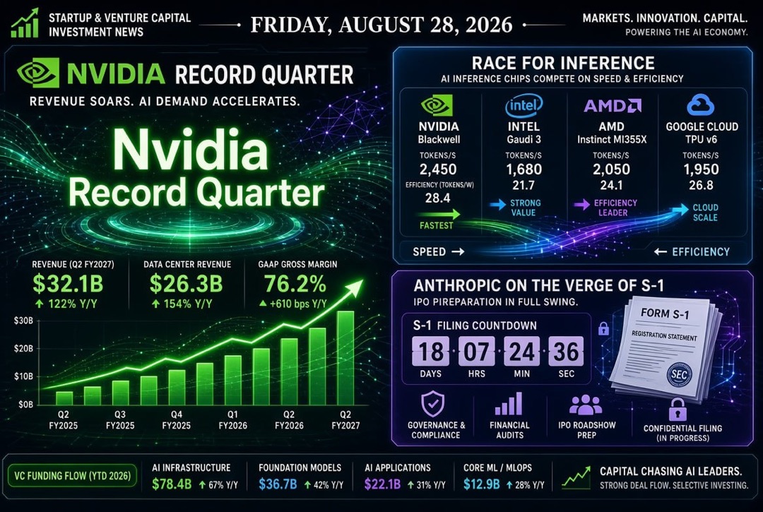 Nachrichten über Startups und Venture Capital — Freitag, 28. August 2026: Rekordquartal von Nvidia, Rennen um Inferenz und Anthropic vor dem öffentlichen S-1