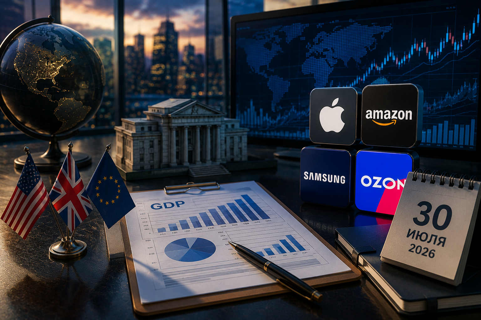 Wirtschaftliche Ereignisse und Unternehmensberichte: Donnerstag, 30. Juli 2026 – BIP der USA, Entscheidung der Bank von England, Berichte von Apple, Amazon, Samsung und Ozon