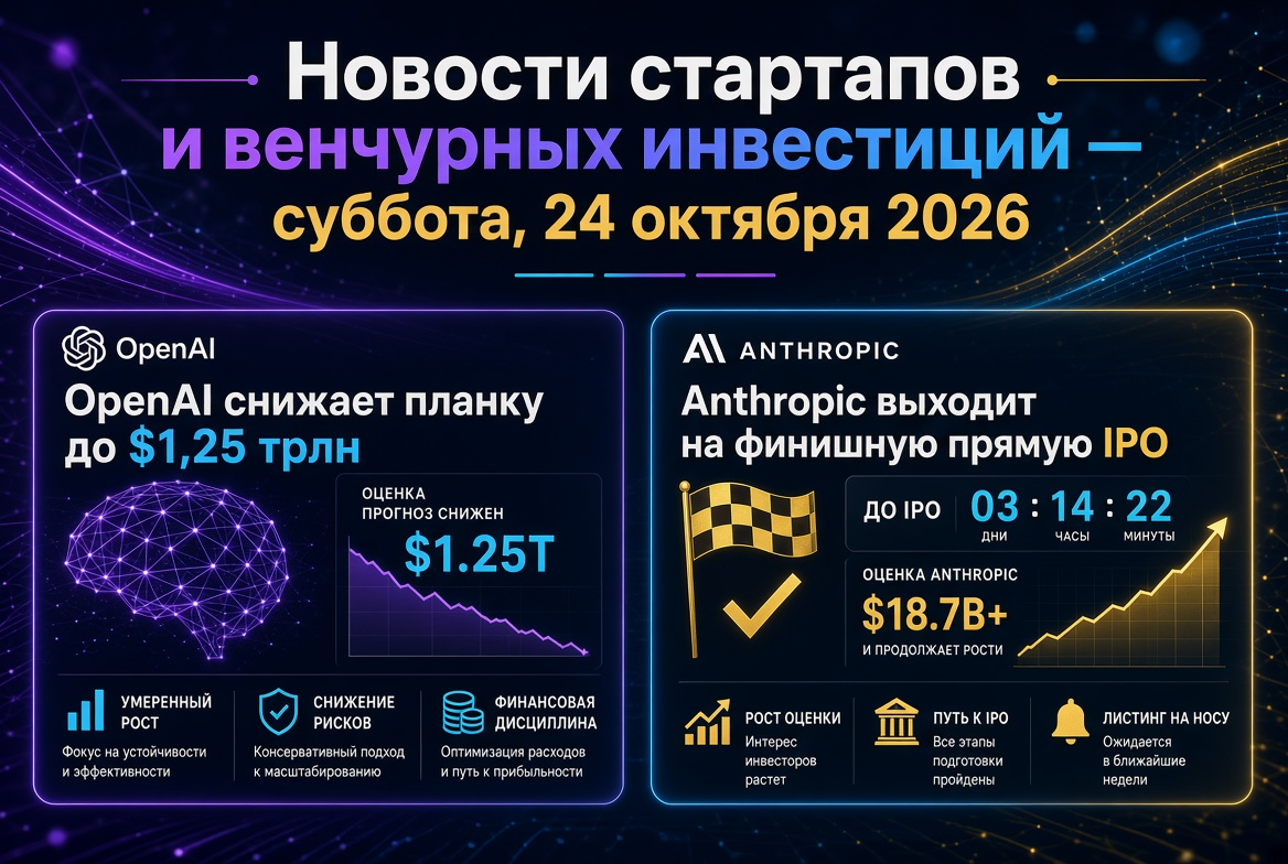 Nachrichten über Startups und Risikokapitalinvestitionen — Samstag, 24. Oktober 2026: OpenAI senkt die Messlatte auf 1,25 Billionen USD, während Anthropic die Ziellinie für den IPO erreicht.