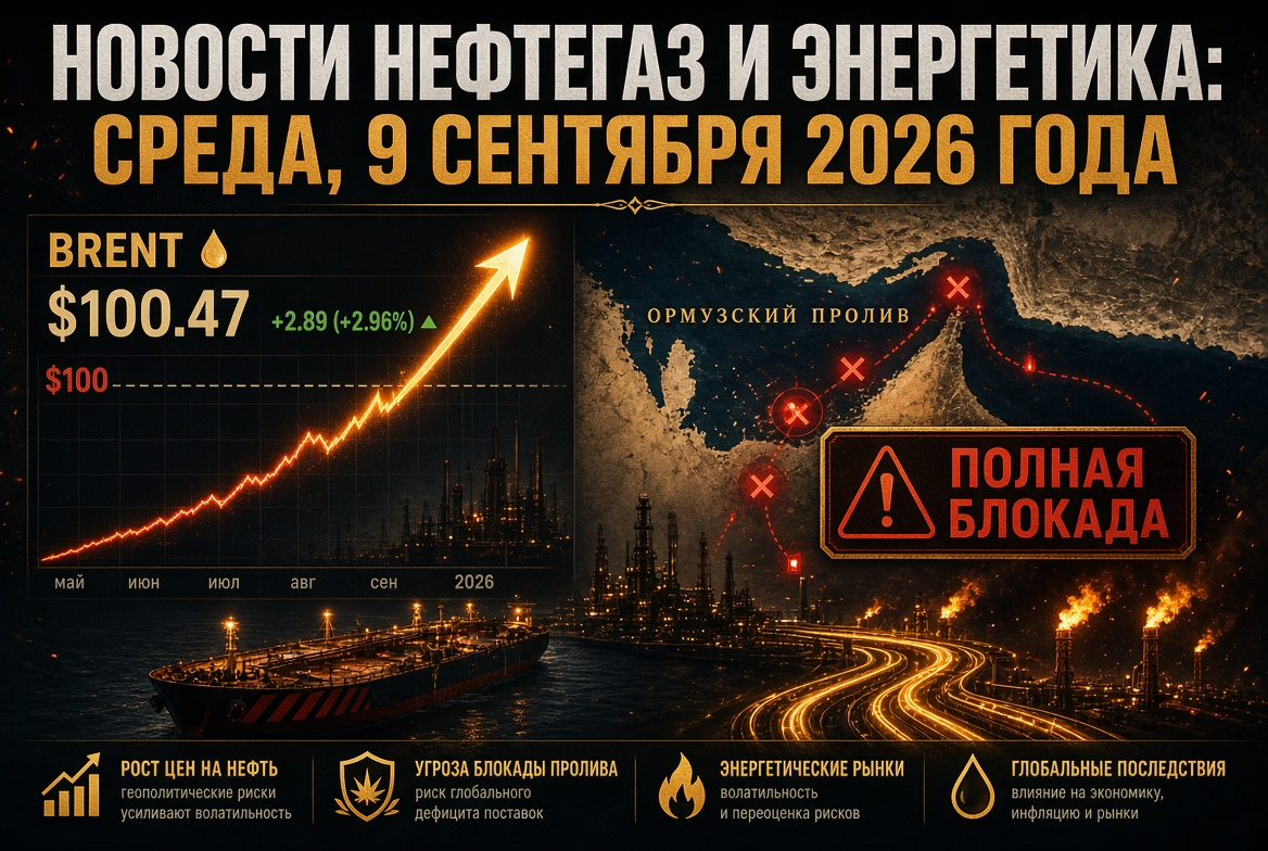 Nachrichten über Öl und Gas: Mittwoch, 9. September 2026 - Brent schturmt $100 auf Grund der Bedrohung einer vollständigen Blockade der Straße von Ormuz
