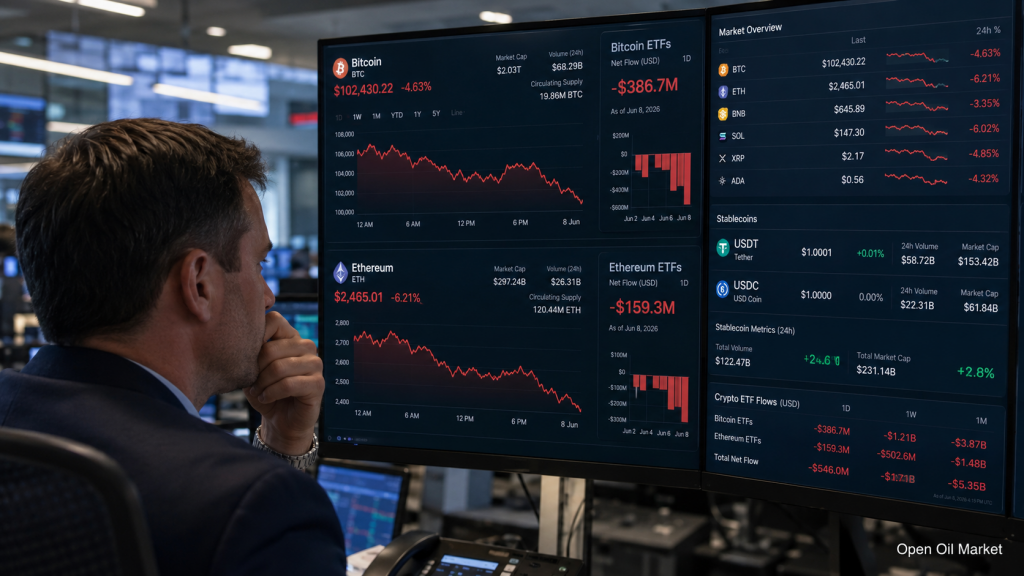 Kryptowährungsmarkt 8. Juni 2026: Bitcoin unter Druck, Ethereum rückläufig, Stablecoins stärken ihre Position.