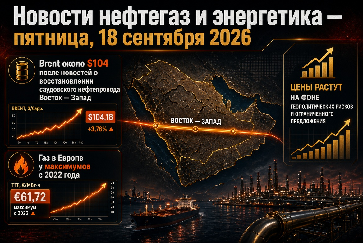 Öl- und Gasnachrichten und Energie — Freitag, 18. September 2026: Brent bei etwa 104 $ nach den Nachrichten über die Wiederherstellung der saudischen Pipeline Ost-West, Gas in Europa bei Höchstständen seit 2022.