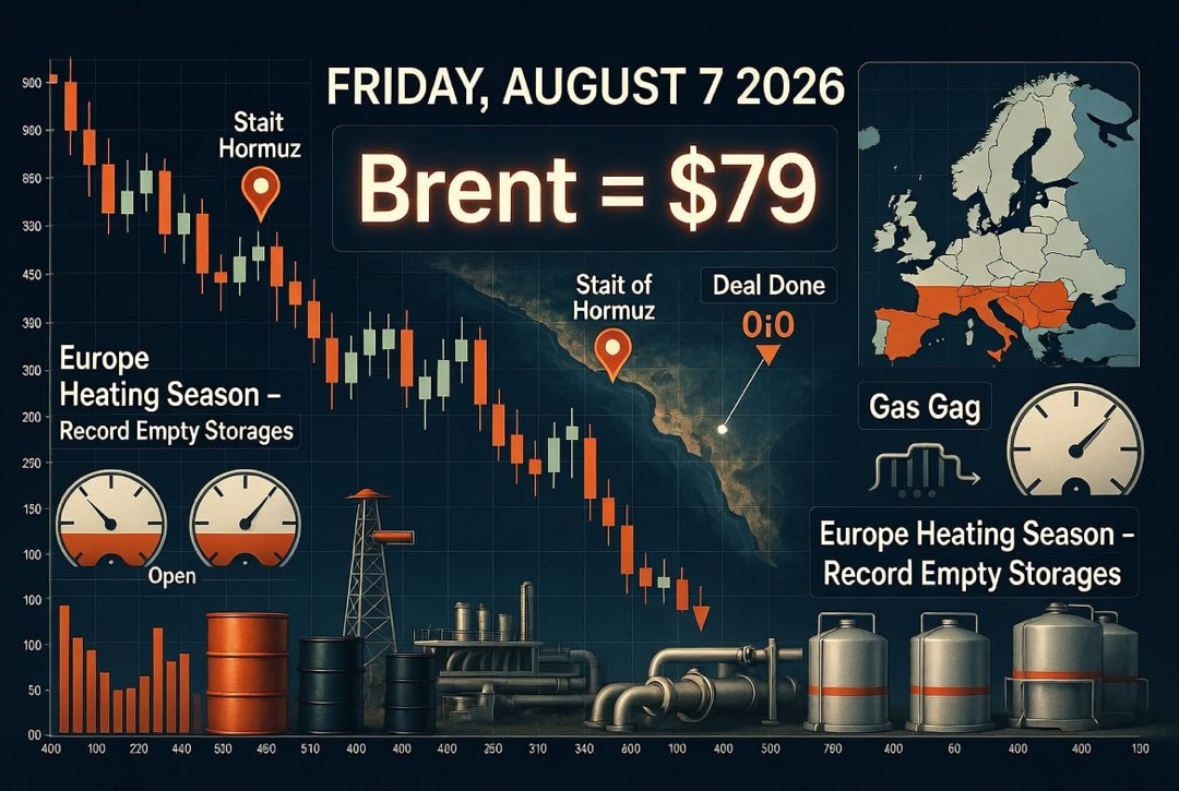 Nachrichten über Öl und Energie - Freitag, 07. August 2026: Der Deal über die Straße von Hormuz hat die Ölpreise gedrückt, Brent bei 79 USD, Europa tritt mit rekordniedrigen Vorräten in die Heizsaison ein.
