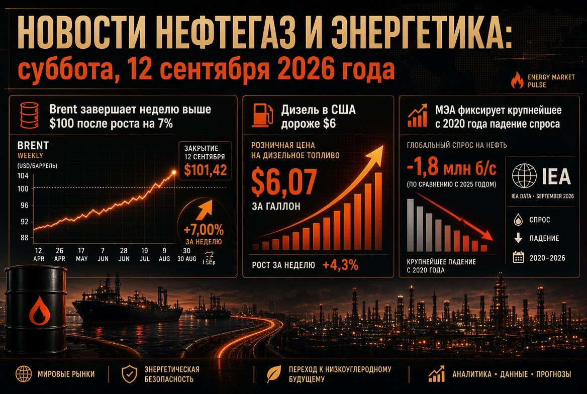 Nachrichten Öl und Gas sowie Energie: Samstag, 12. September 2026 – Brent schließt die Woche über 100 $ nach einem Anstieg von 7 %, Diesel in den USA teurer als 6 $, IEA verzeichnet größten Rückgang der Nachfrage seit 2020