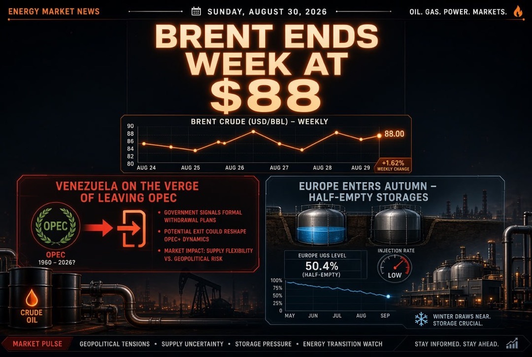 Nachrichten aus der Öl- und Gasbranche — Sonntag, 30. August 2026: Venezuela steht kurz vor dem Austritt aus der OPEC, Brent schließt die Woche bei 88 $, Europa geht mit halbleeren UGS in den Herbst