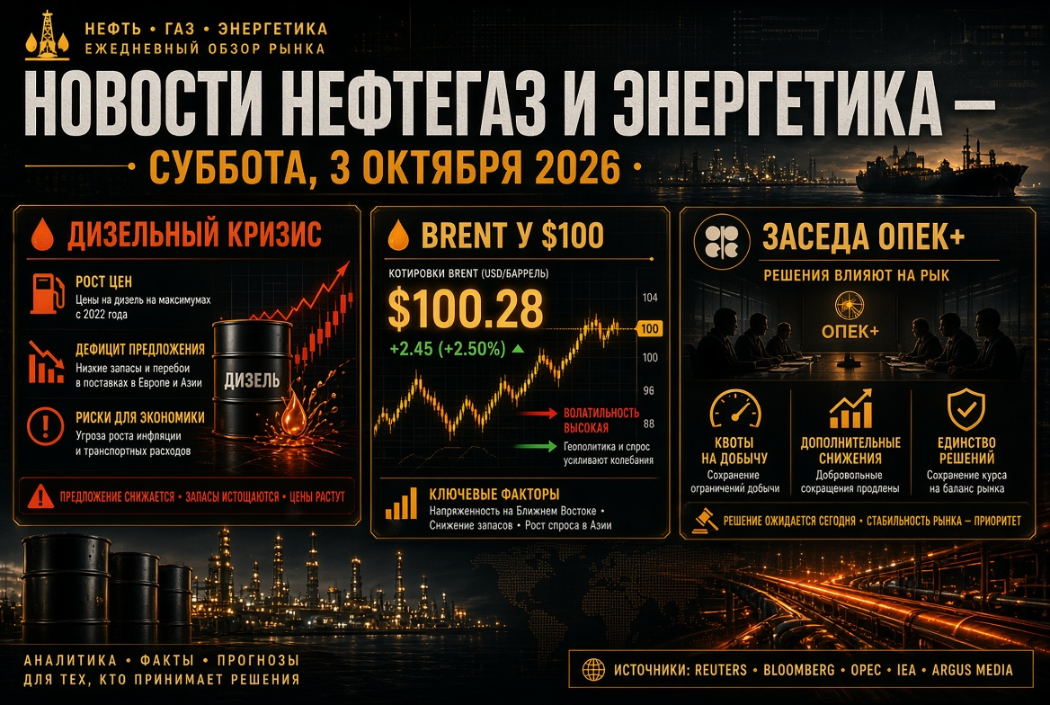 Nachrichten über Öl und Energie – Samstag, 3. Oktober 2026: Dieselkrise, Brent bei $100 und OPEC+-Sitzung