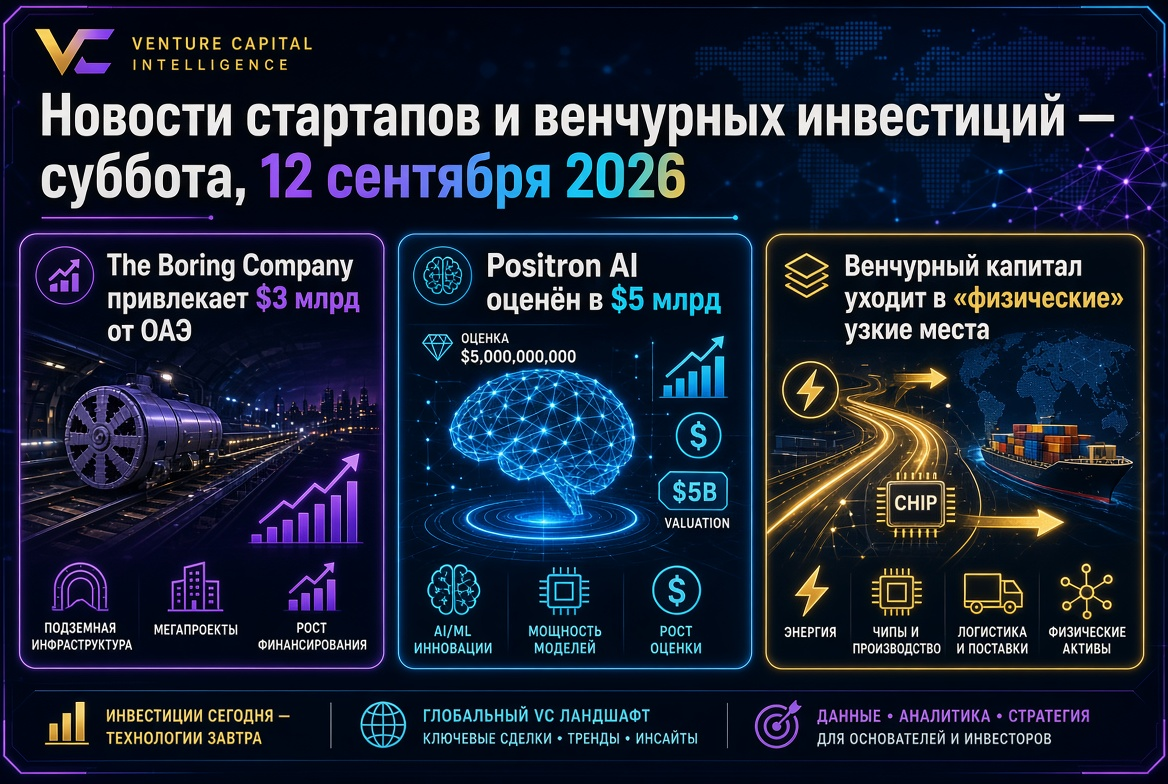 Neuigkeiten über Startups und Venture Capital — Samstag, 12. September 2026: Die Boring Company erhält 3 Milliarden Dollar von den VAE, Positron AI wird mit 5 Milliarden Dollar bewertet, und das Venture Capital fließt in „physische“ Engpässe.
