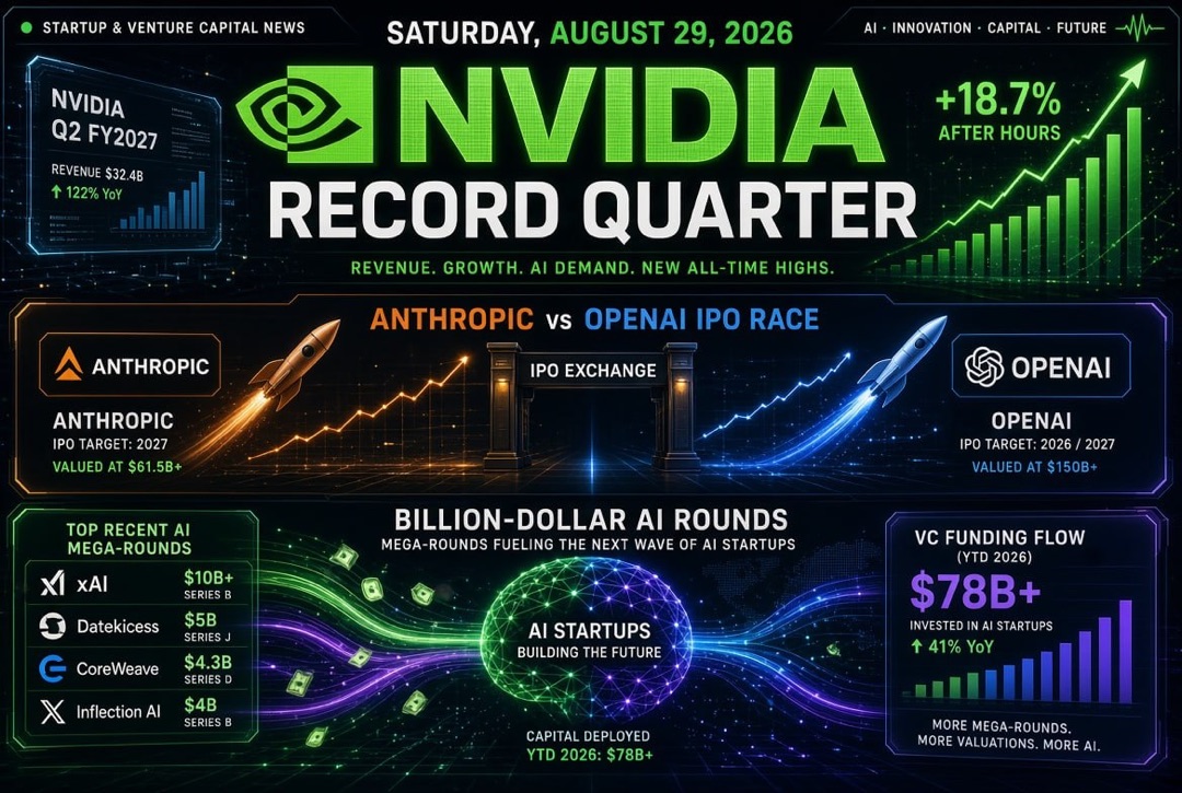 Nachrichten über Startups und Venture Investments – Samstag, 29. August 2026: Rekordquartal von Nvidia, IPO-Rennen von Anthropic und OpenAI und milliardenschwere AI-Runden