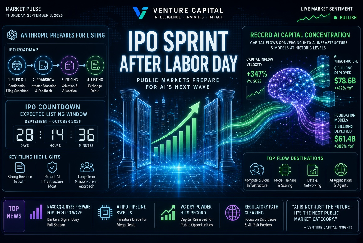 Nachrichten über Startups und Wagniskapital — Donnerstag, 3. September 2026: IPO-Sprint nach dem Labour Day, Anthropic's Vorbereitungen für den Börsengang und rekordverdächtige AI-Kapital-Konzentration