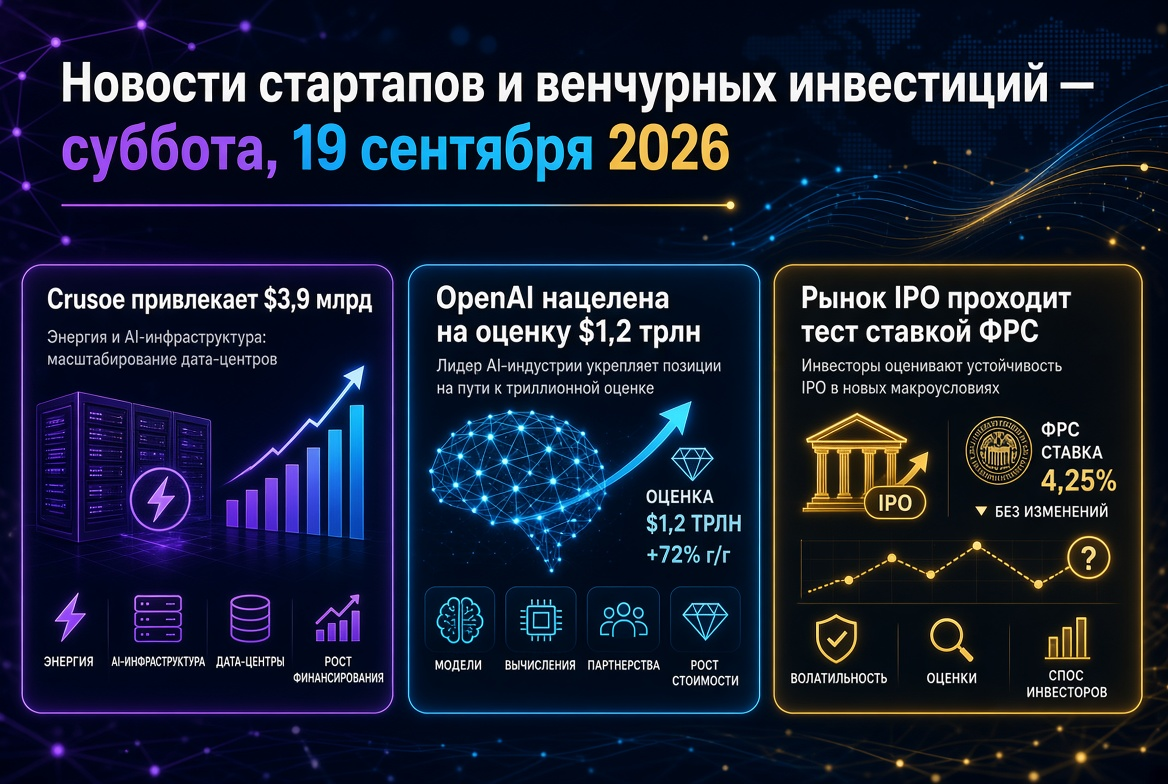 Nachrichten über Startups und Venture Capital — Samstag, 19. September 2026: Crusoe erhält 3,9 Milliarden Dollar, OpenAI strebt eine Bewertung von 1,2 Billionen Dollar an, der IPO-Markt wird durch die Zinssätze der Fed getestet.