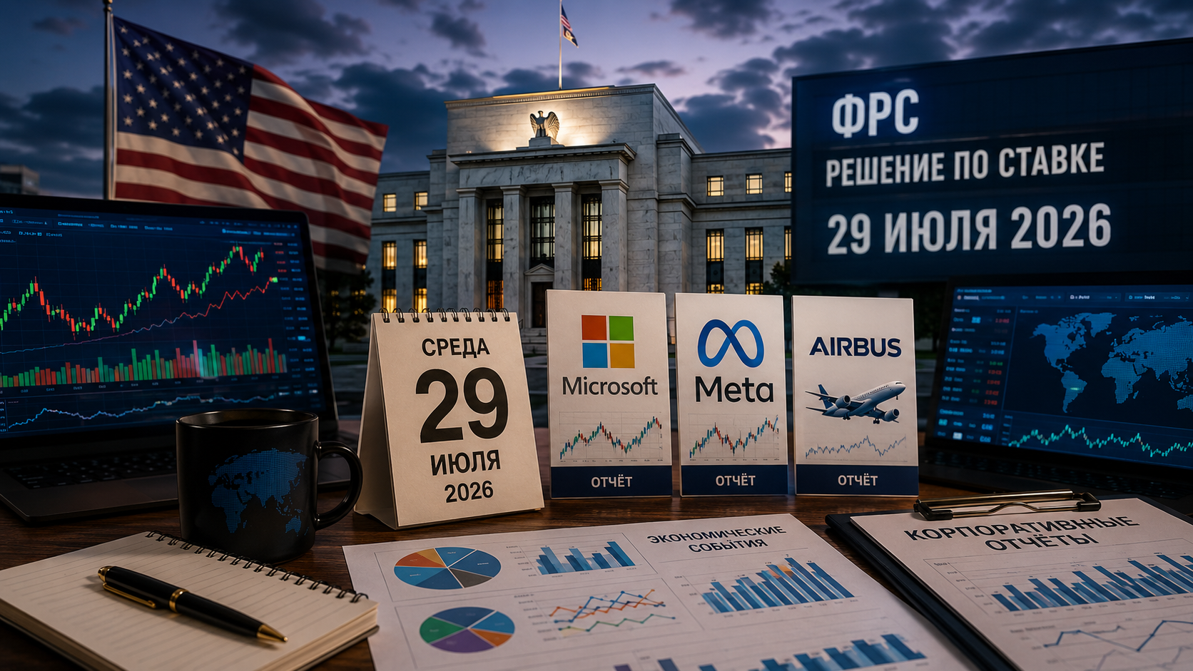 Wirtschaftliche Ereignisse und Unternehmensberichte: Mittwoch, 29. Juli 2026 – Entscheidung der Fed, Berichte von Microsoft, Meta und Airbus