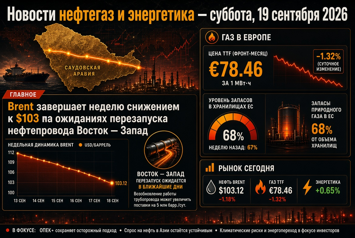 Nachrichten über Öl und Gas – Samstag, 19. September 2026: Brent schließt die Woche mit einem Rückgang auf 103 $ aufgrund der Erwartungen an die Wiederinbetriebnahme der Pipeline Ost-West, Gas in Europa etwa 78 € bei 68 % Lagerbeständen.
