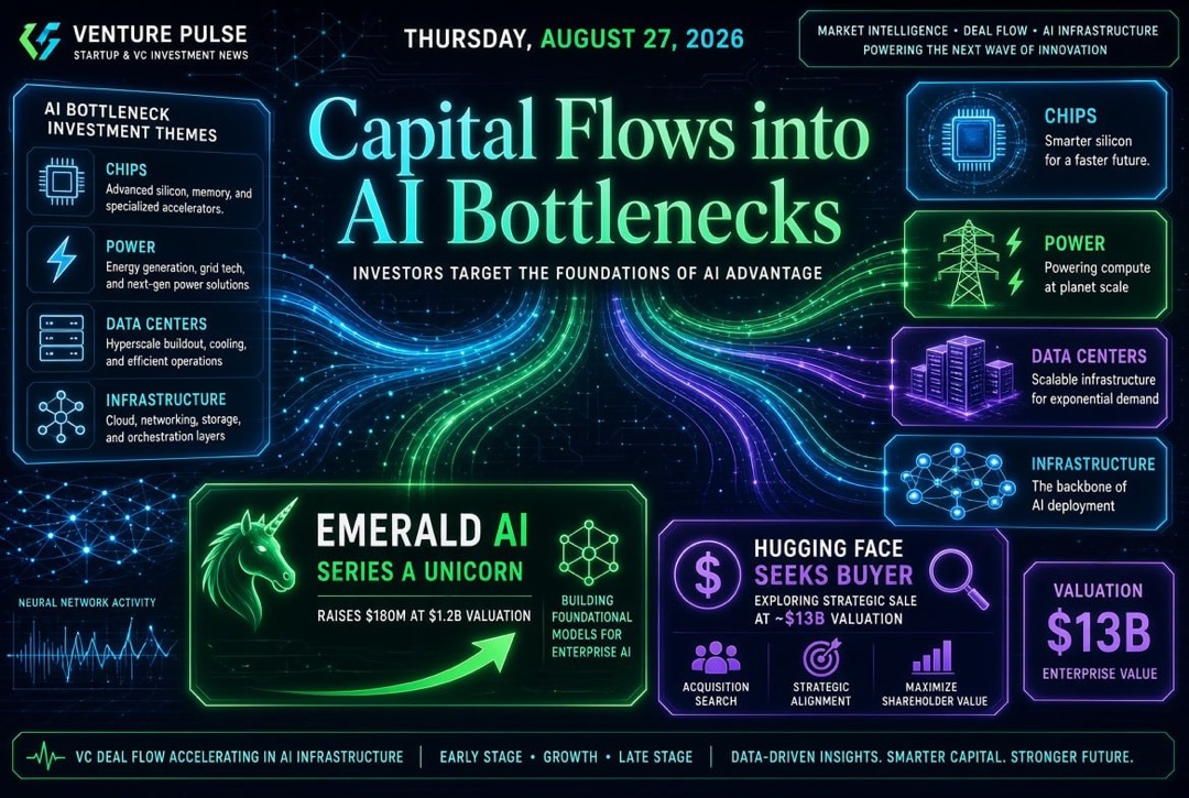 Neuigkeiten über Startups und Venture Capital — Donnerstag, 27. August 2026: Kapital fließt in „Engpässe“ der KI, Emerald AI wird zum Einhorn in der Series A, Hugging Face sucht Käufer für 13 Milliarden Dollar.