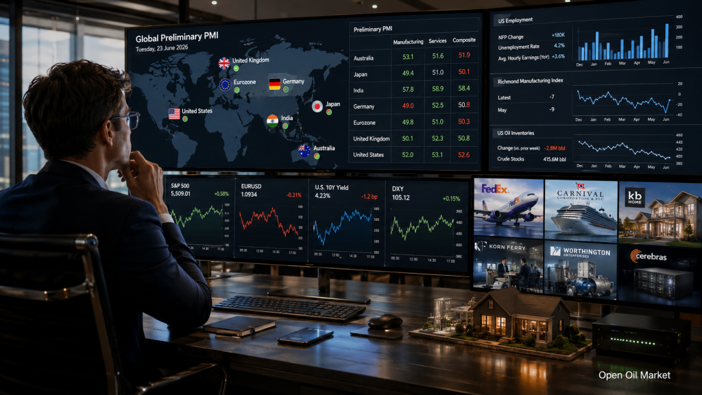 Wirtschaftliche Ereignisse und Unternehmensberichte: Dienstag, 23. Juni 2026 – globale PMIs, US-Arbeitsmarkt, FedEx, Carnival und KB Home