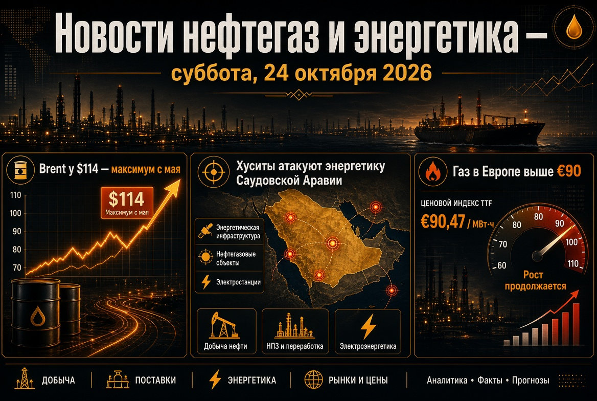 Neuigkeiten zu Öl und Gas — Samstag, 24. Oktober 2026: Brent bei 114 USD — Höchststand seit Mai, Houthi greifen die Energie Saudi-Arabiens an, Gas in Europa über 90 €