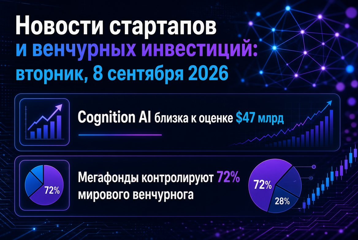Neuigkeiten über Start-ups und Venture Capital: Dienstag, 8. September 2026 — Cognition AI steht kurz vor einer Bewertung von 47 Mrd. USD, und Megafonds kontrollieren 72% des globalen Venture-Marktes.