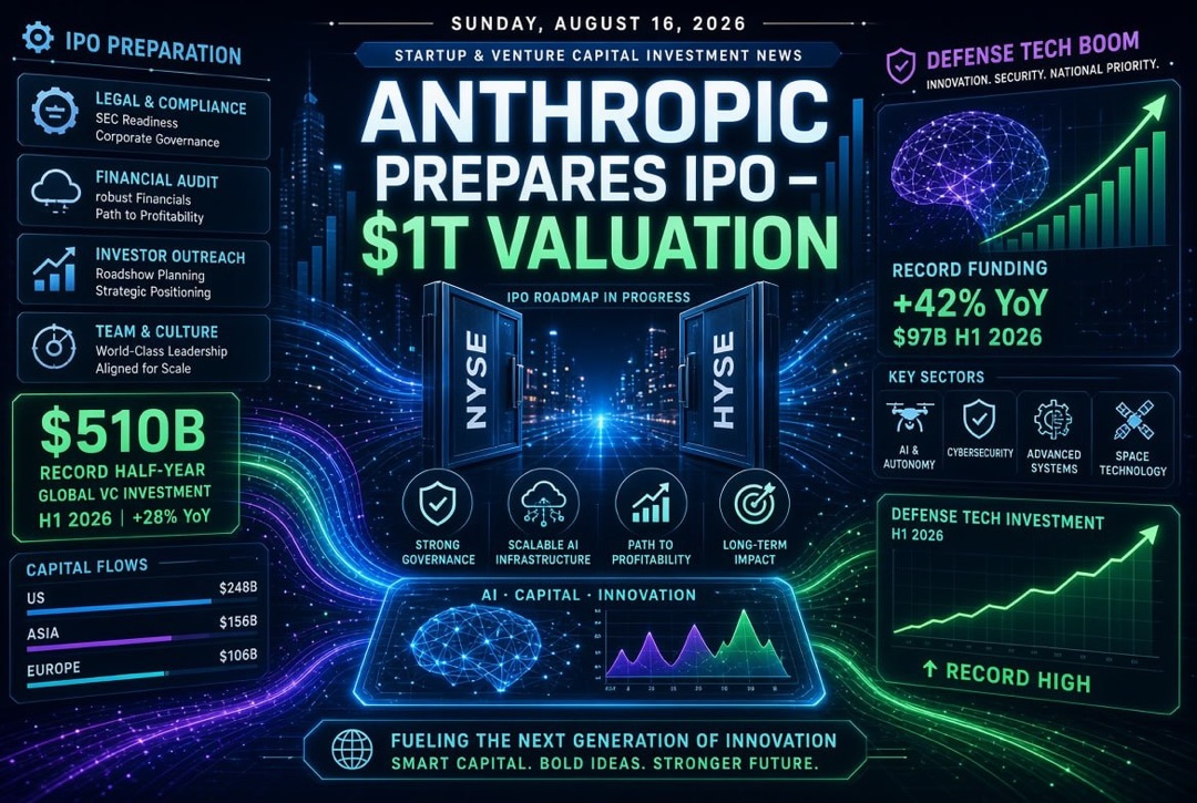 Startup- und Risikokapitalnachrichten — Sonntag, 16. August 2026: Anthropic bereitet IPO über 1 Billion USD vor, Rekord von 510 Milliarden USD im Halbjahr und Boom bei Verteidungstechnologien