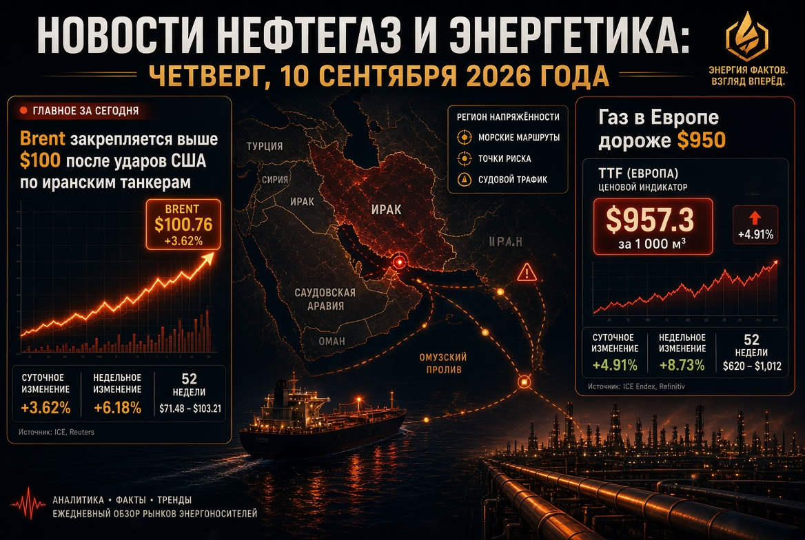 Nachrichten Öl und Gas: Donnerstag, 10. September 2026 – Brent festigt sich über 100 USD nach den US-Angriffen auf iranische Tanker, Gas in Europa teurer als 950 USD