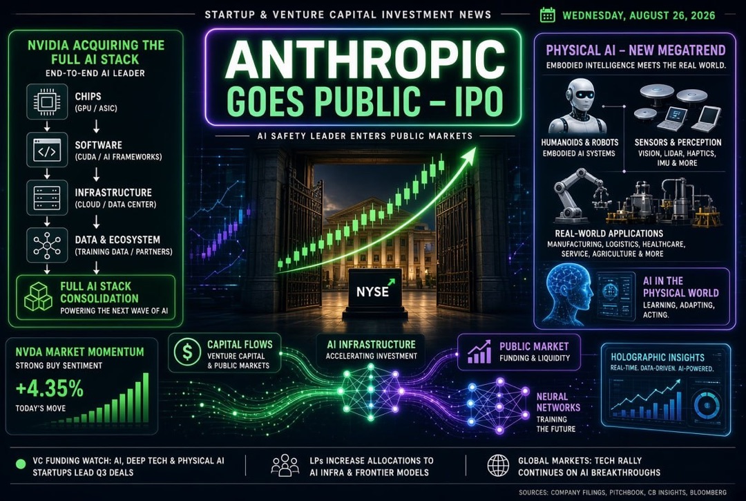 Startup- und Venture-Capital-Nachrichten — Mittwoch, 26. August 2026: Anthropic geht an die Börse, Nvidia kauft den gesamten AI-Stack, und Physische KI wird zum neuen Megatrend.