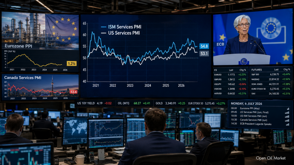 Wirtschaftlicher Kalender für den 6. Juli 2026: ISM Services PMI USA, PPI Eurozone, PMI Kanada, Rede von EZB-Präsidentin Christine Lagarde und Reaktion der Investoren