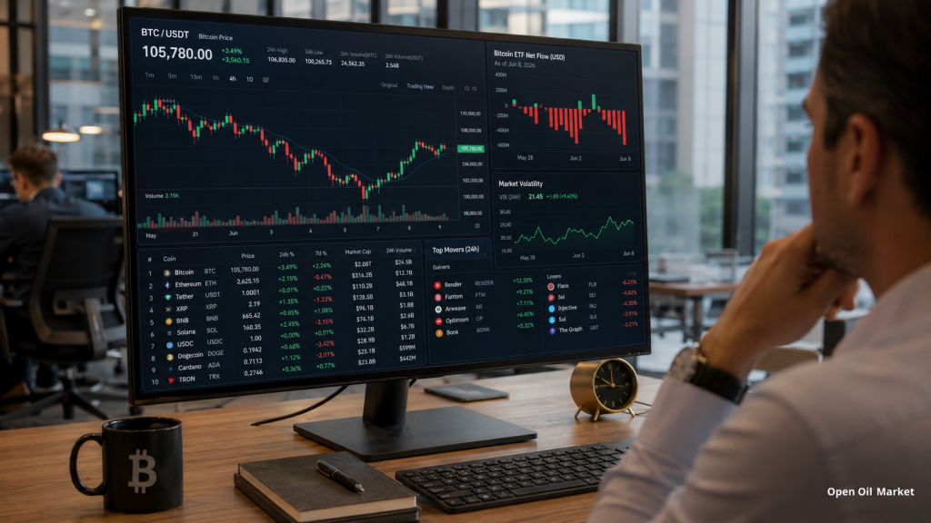 Nachrichten über Kryptowährungen, Dienstag, den 9. Juni 2026: Bitcoin hält den Markt nach einem Rückgang, während Investoren die ETF-Abflüsse, Stablecoins und die Top 10 digitalen Vermögenswerte bewerten.