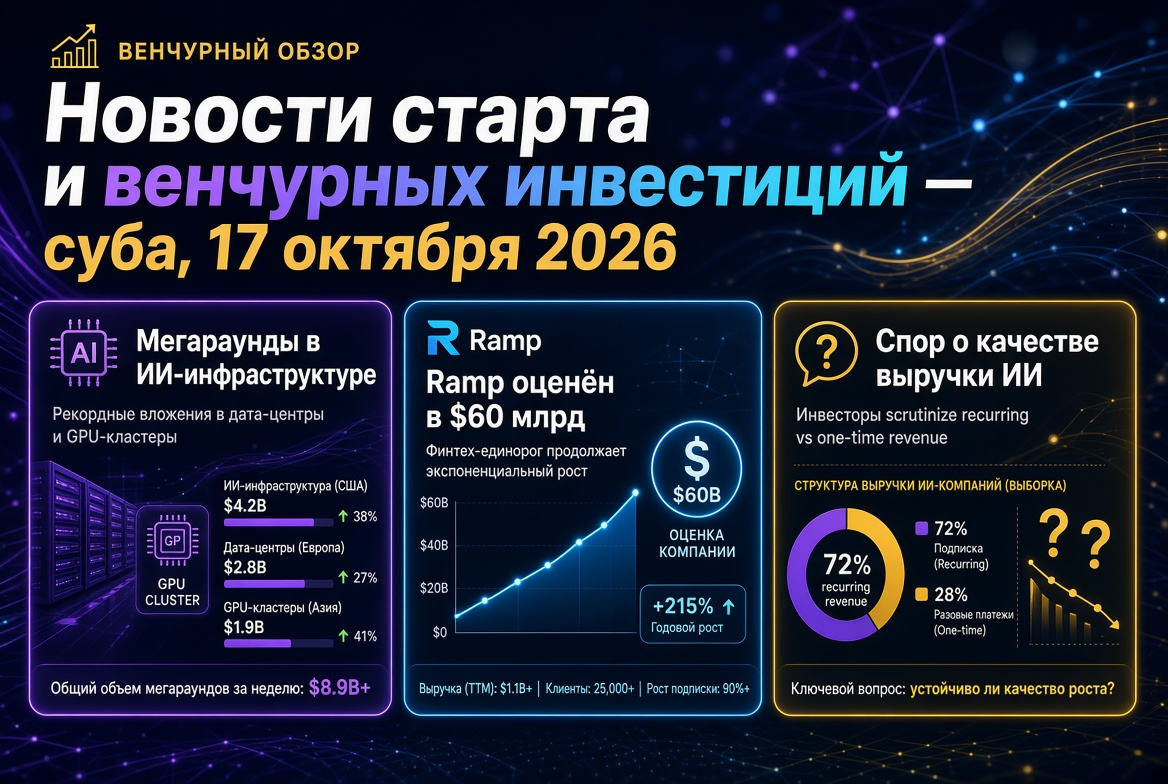 Nachrichten über Startups und Venture Capital-Investitionen — Samstag, 17. Oktober 2026: Mega-Runden in KI-Infrastruktur, Ramp bewertet bei 60 Milliarden Dollar und Diskussion über die Qualität der Einnahmen von KI